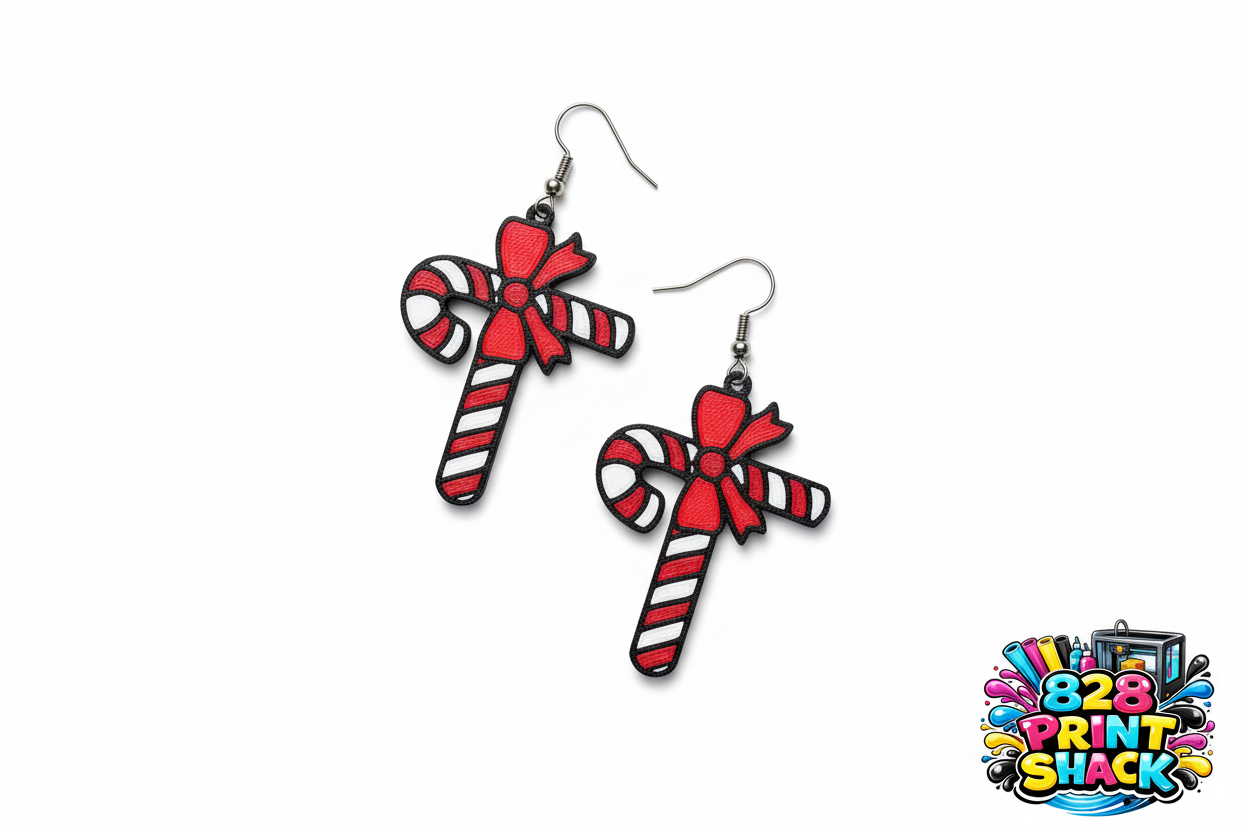3D Printed Candy Cane Earrings with Pink Bow